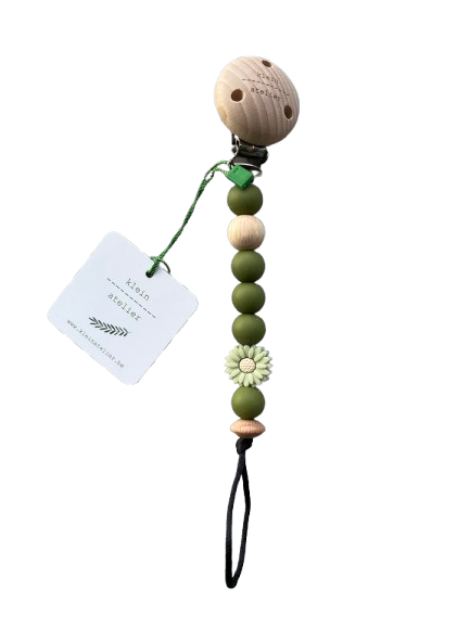 Klein Atelier | Fopspeenketting Newborn Houten Clip Bloem Soft Green Kralen Khaki Groen 17cm