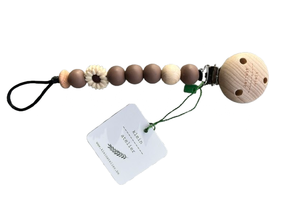 Klein Atelier | Fopspeenketting Newborn Houten Clip Bloem Ecru Kralen Brownie 17cm