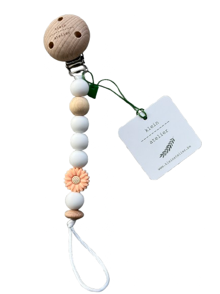 Klein Atelier | Fopspeenketting Newborn Houten Clip Bloem Soft Pink KralenWhite Wit 17cm