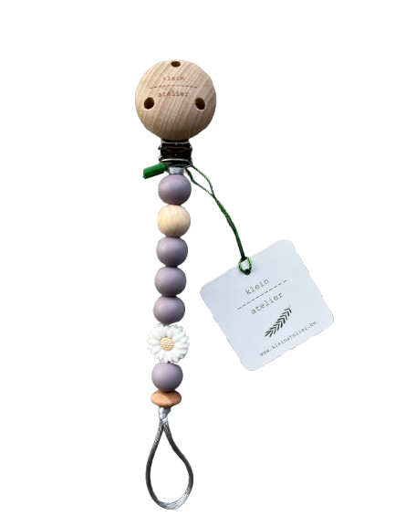Klein Atelier | Fopspeenketting Newborn Houten Clip Bloem Wit Kralen Lavender 17cm