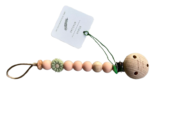 Klein Atelier | Fopspeenketting Newborn Houten Clip Bloem Soft Green Kralen Peachy 17cm