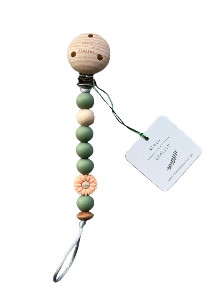 Klein Atelier | Fopspeenketting Newborn Houten Clip Bloem Soft Pink Kralen Olive Groen 17cm