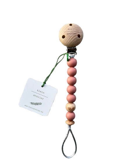 Klein Atelier | Fopspeenketting Newborn Houten Clip Regenboog Kralen Dusty Rose 17cm
