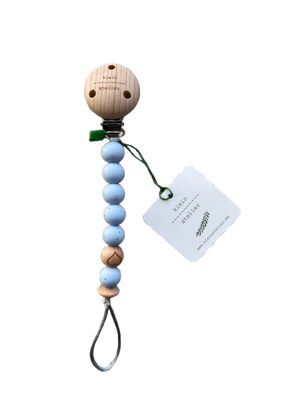 Klein Atelier | Fopspeenketting Newborn Houten Clip Hart Kralen Speckels Soft Blue Blauw 17cm