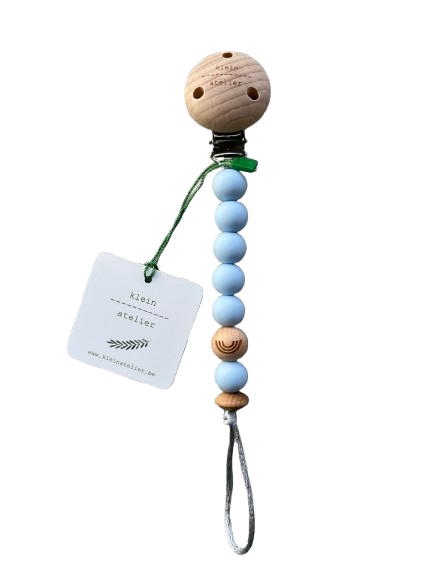 Klein Atelier | Fopspeenketting Newborn Houten Clip Regenboog Kralen Soft Blue 17cm