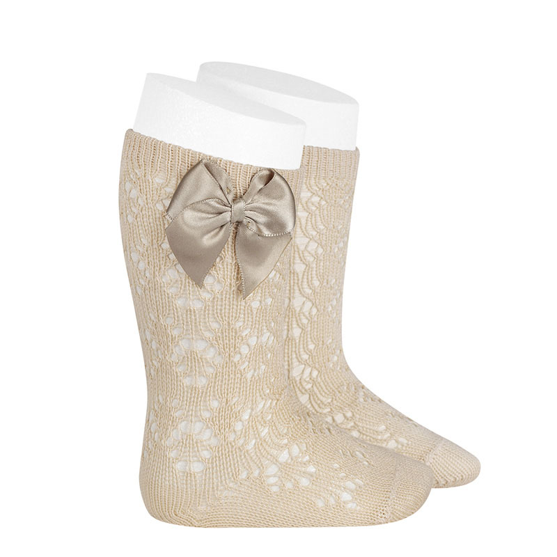 Condor | Kniekousen Perle geometric openwork knee-high socks with bow Lino