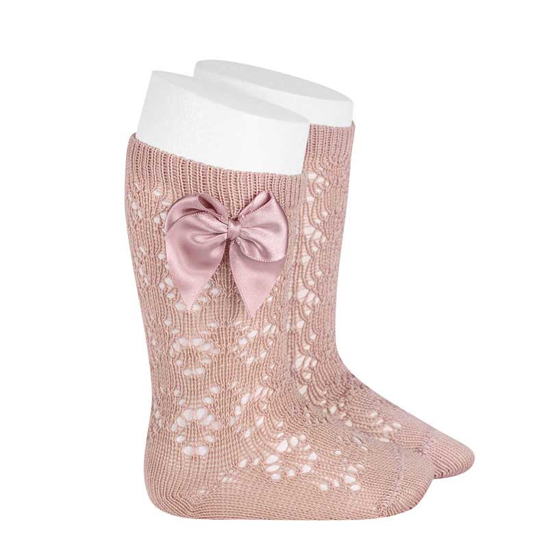 Condor | Kniekousen Perle Geometric Openwork Knee-High Socks with Bow Old Rose