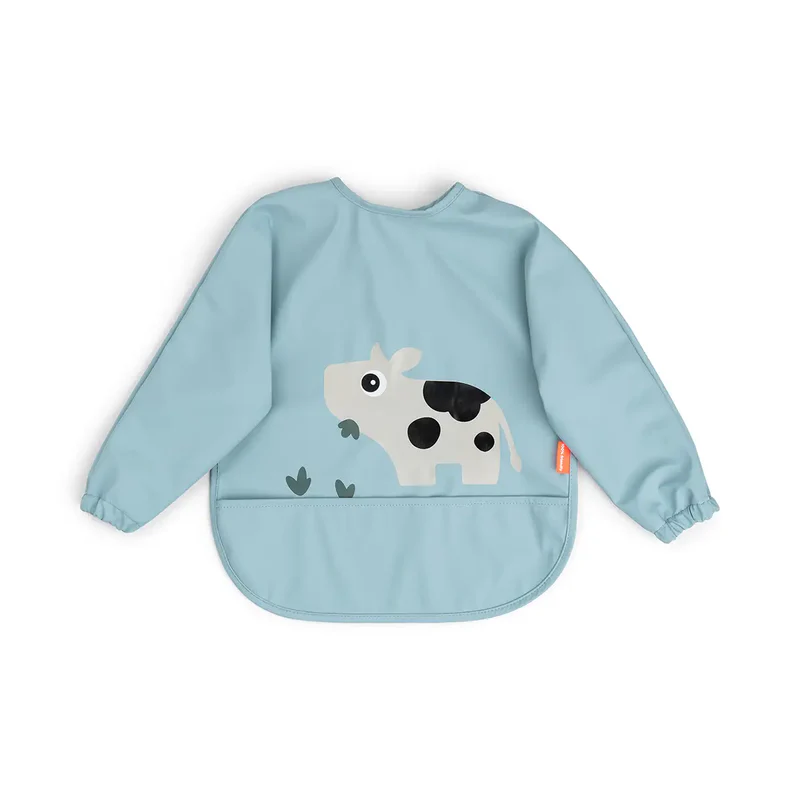 Done by Deer | Slabbetje Tiny Farm met Mouwen Varken Sleeved Pocket Bib Blauw
