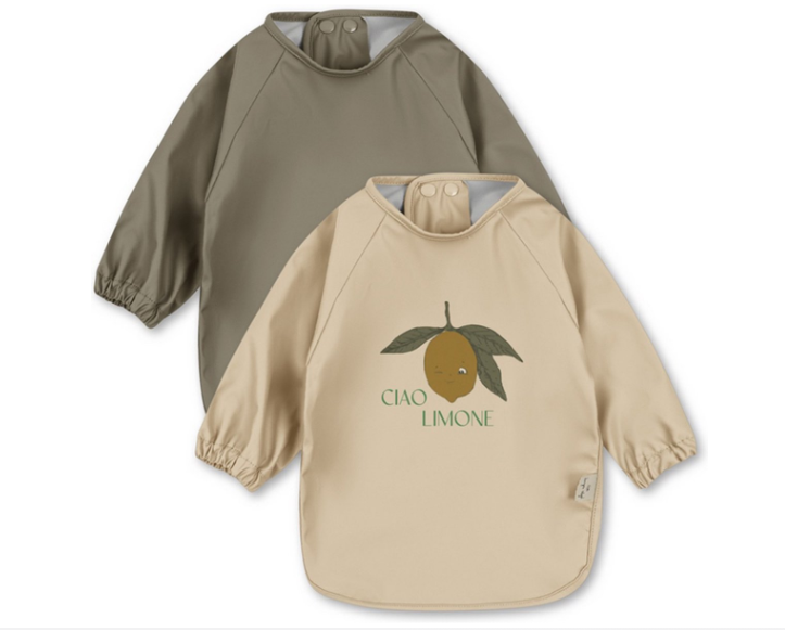 Konges Slojd | Slabbetje Dinner Bib met Mouwen Kaki/Ecru met Citroen