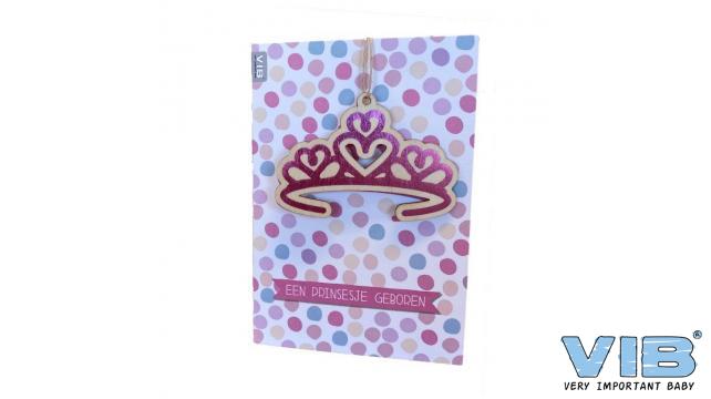 VIB | Wenskaart Een Prinsesje Geboren Hanger Hout Tiara Roze