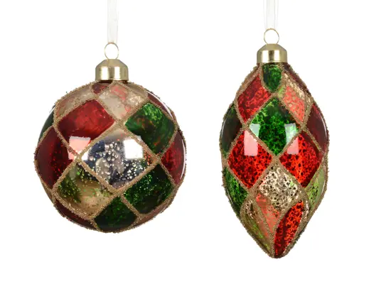 Decoris | Kerstbal Glas Antique Finish Bead Cross Rood/Groen/Goud Ø8cm Assortiment 