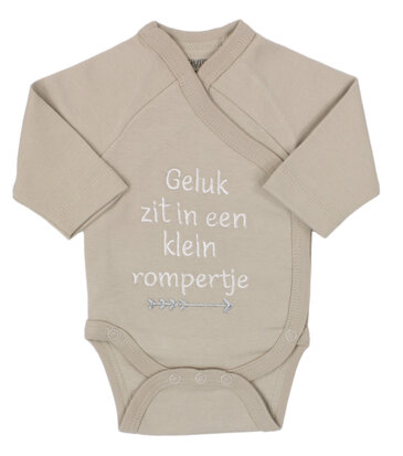 PetitVillain | Geboortebody Geluk Zit in een Klein Rompertje Lange Mouw Zand M50-62