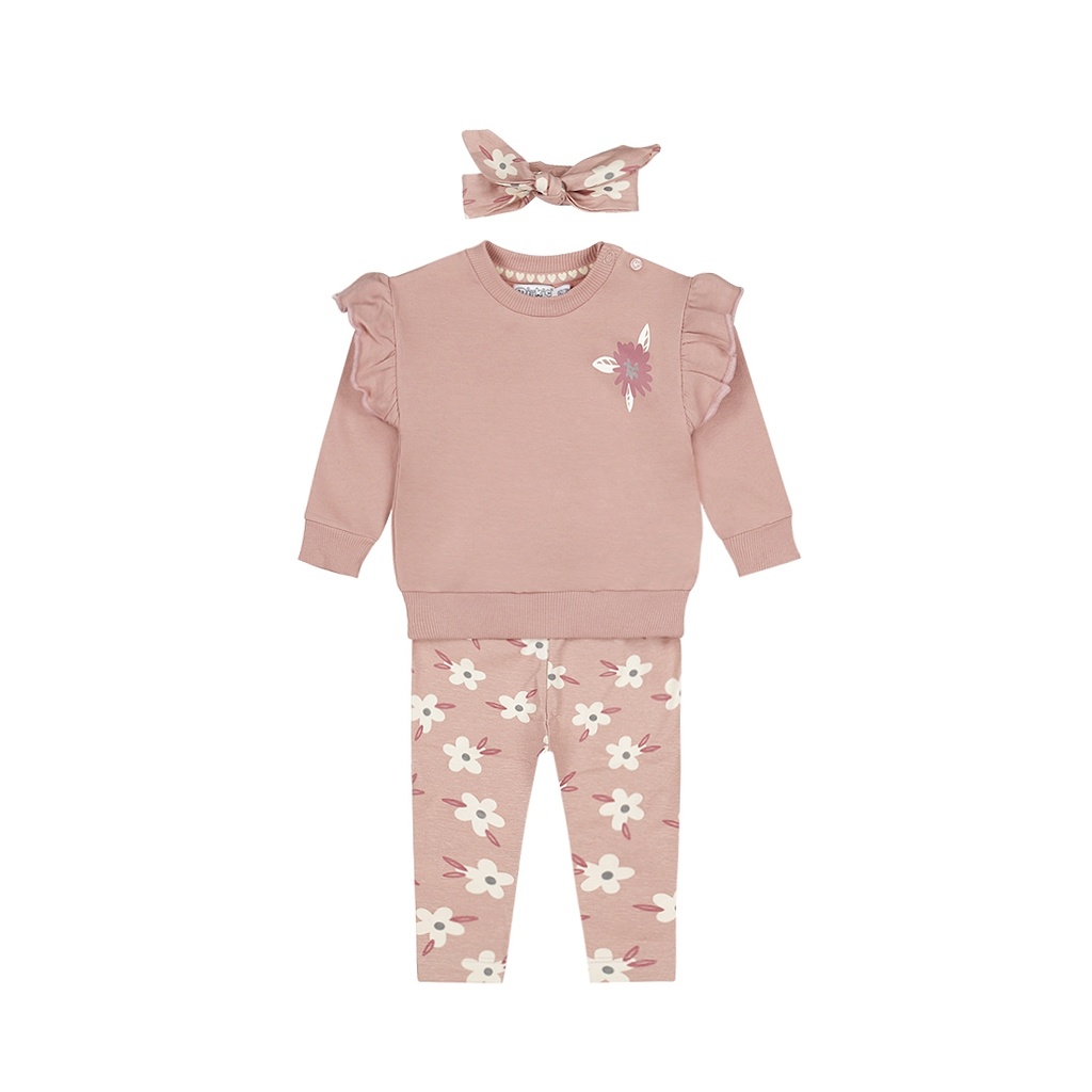 Dirkje | Outfit Girls Little Flower Babysuit + Headband Light Mauve 3-delig