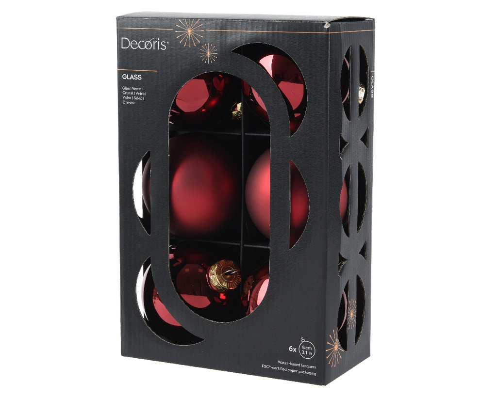 Decoris | Kerstbal Glas Mix Ossenbloed Rood Ø8cm 6-pack