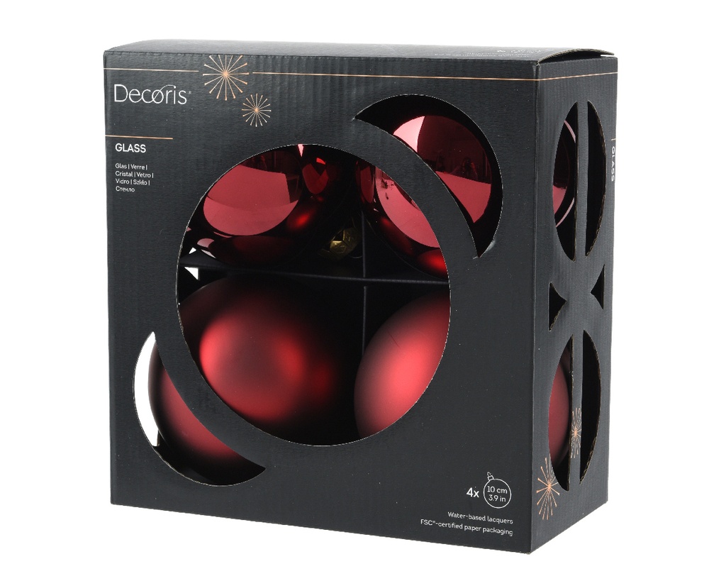 Decoris | Kerstbal Glas Mix Ossenbloed Rood Ø10cm 4-pack
