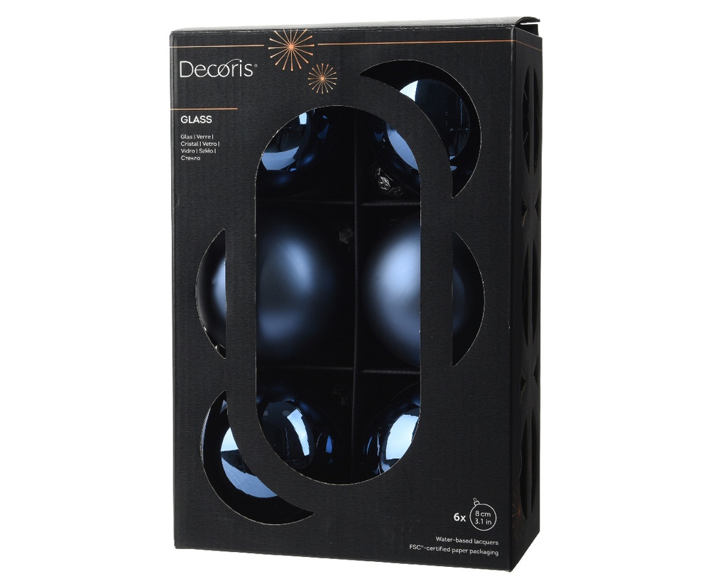 Kaemingk | Kerstbal Glas Mix Nachtblauw Ø8cm 6-pack