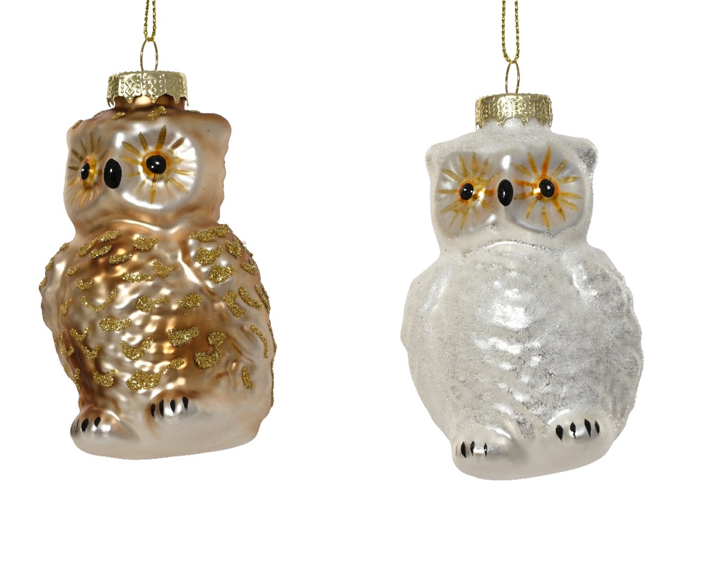 Kaemingk | Kerstbal Glas Assortiment Uil Bruin/Wit