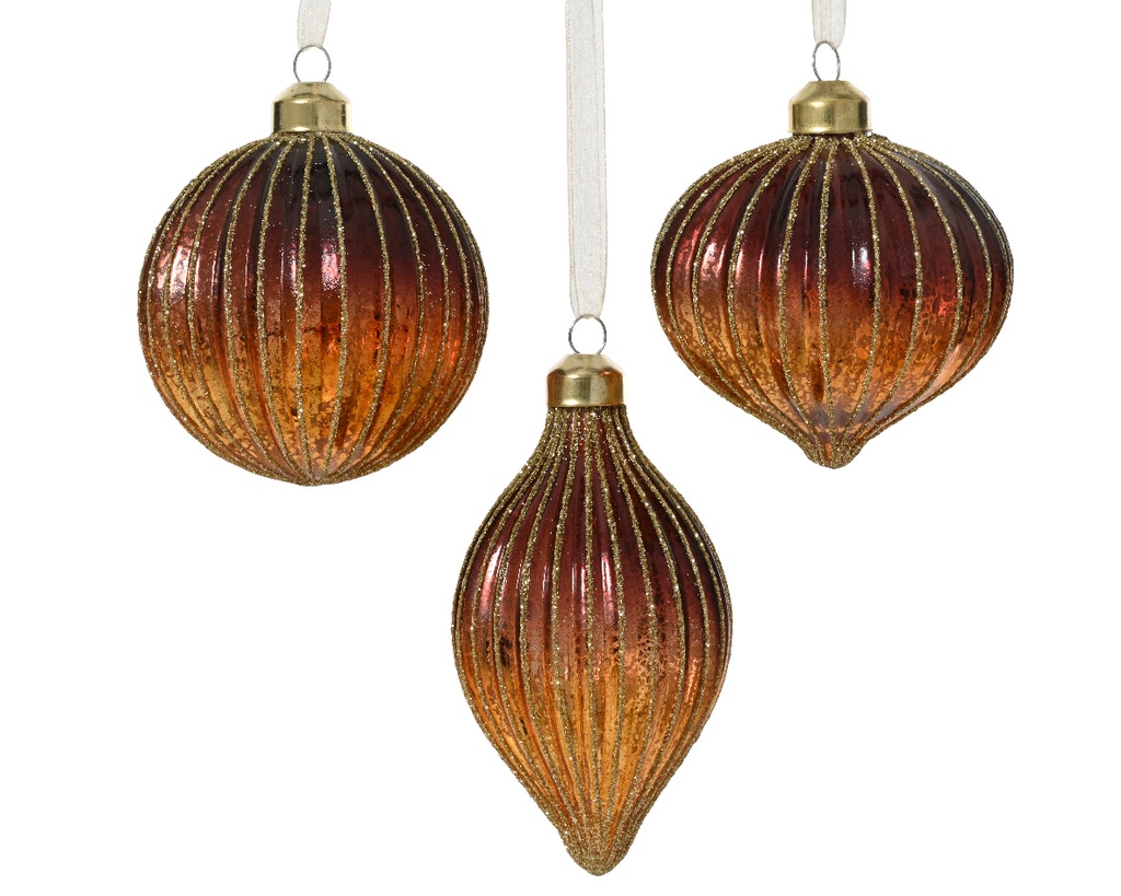 Decoris | Kerstbal Glas Glitter Lines Ombre Bruin/Goud Ø8cm Assortiment 