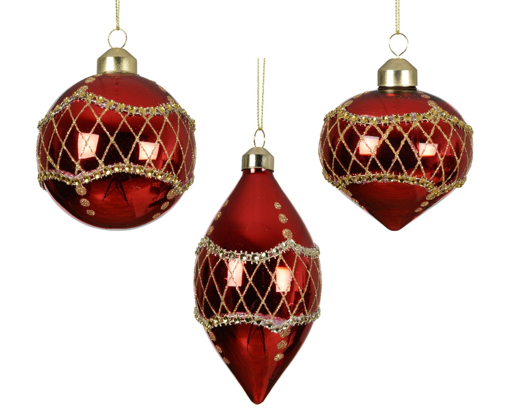 Decoris | Kerstbal Glas Gold Beads Rood/Goud Ø8cm Assortiment 