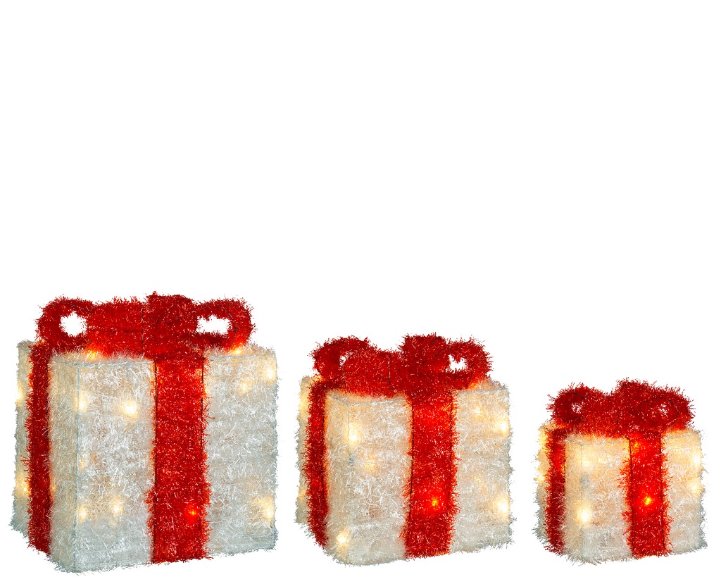 Lumineo | Verlichting Cadeaudozen met Rode Strik Lametta 15cm (14L) - 20cm (20L) - 25cm (30L) Led Warm Wit Indoor Snoer 1,5m IP20 3-pack Batterij (niet inbegrepen)