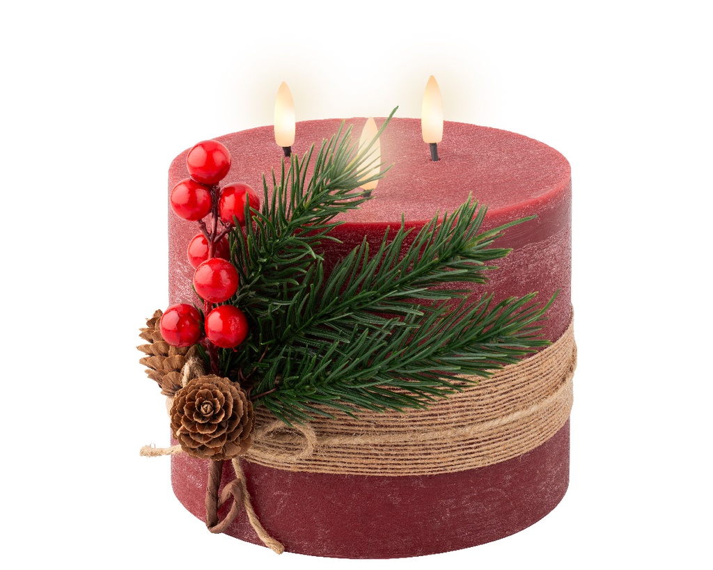 Lumineo | Verlichting Kaars Led Bewegende Vlammen Dennentak/Hulst/Dennenappel Rood Batterij (niet inbegrepen)