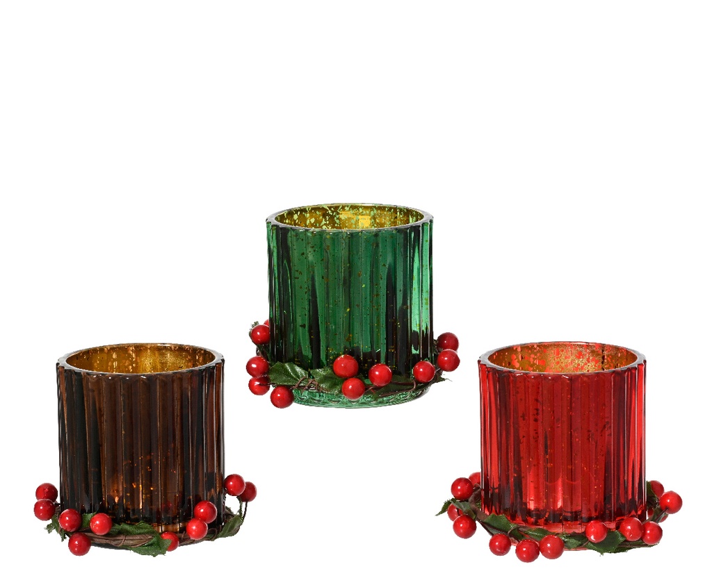 Kaemingk | Theelichthouder Glas Assortiment Bruin/Groen/Rood Ø10cm x H 8cm 