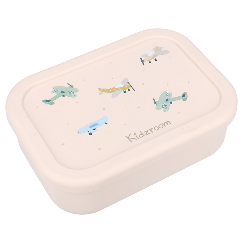 Kidzroom | Brooddoos Small Talk All Over Vliegtuig Silicone Ecru 6x17x12cm