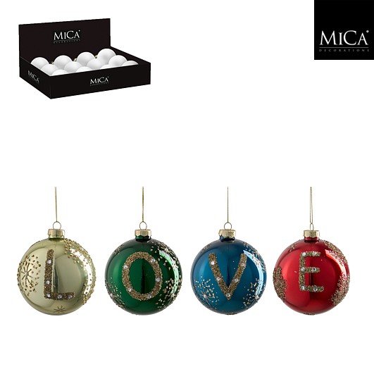 Mica | Kerstbal LOVE L.Goud O.Groen V.Blauw O.Rood  Assortiment Glas Ø10cm 