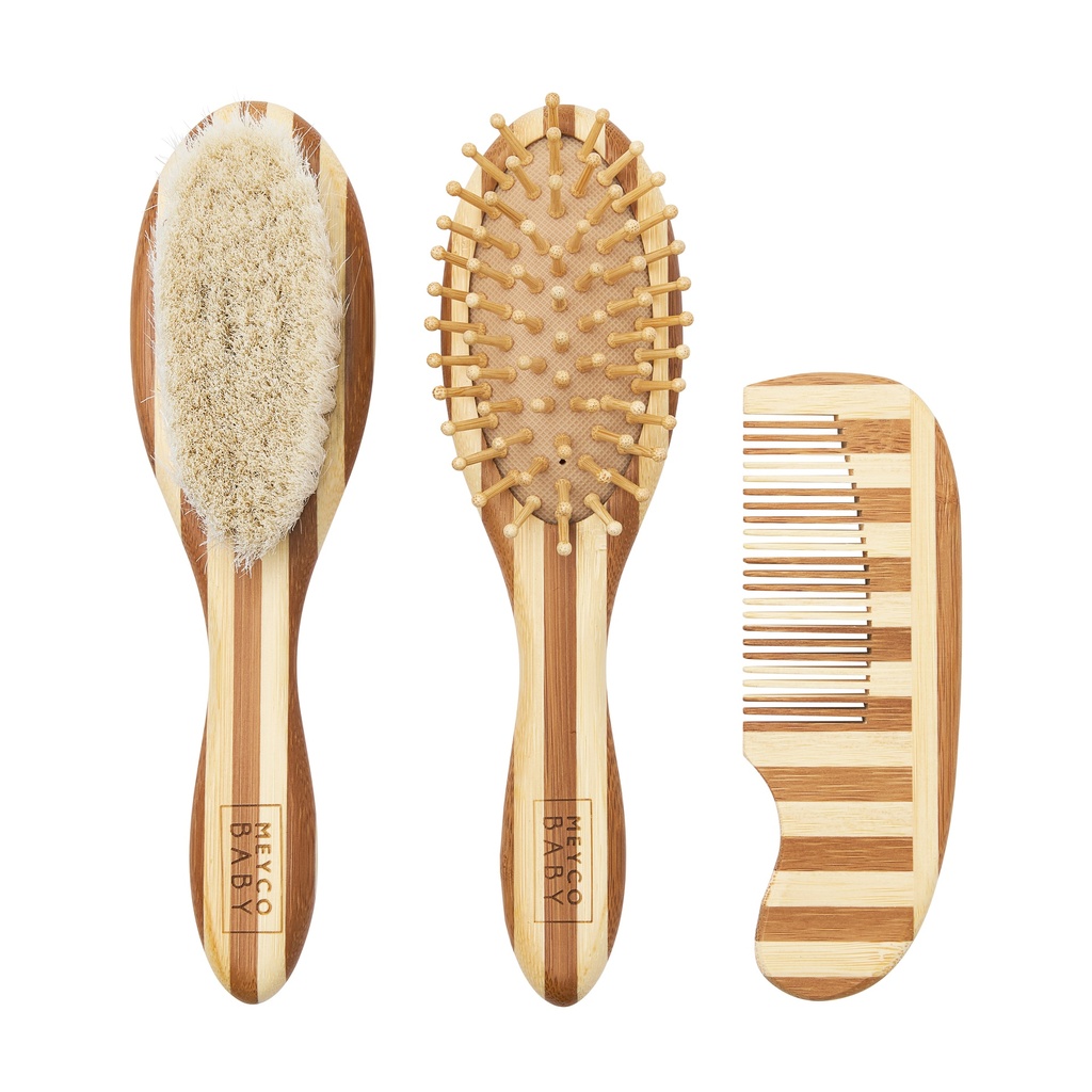 Meyco | Borstel en Kam Bamboe/Geitenhaar Naturel/Walnoot 3-delig