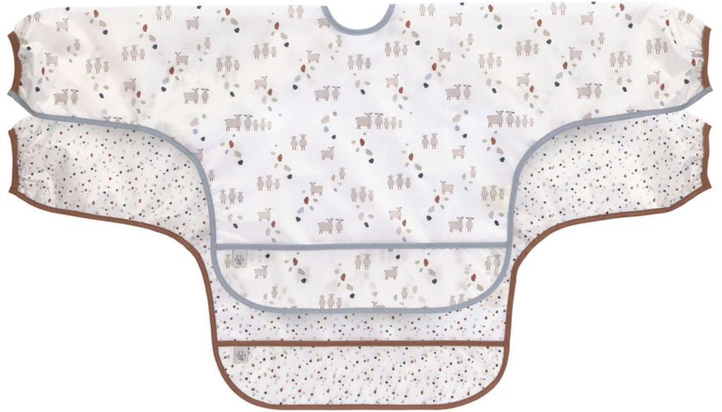 SLABBETJE, Tiny Farmer Sheep/Goose blue, Long Sleeve Bib, schaapjes/stippen, mouwen, kruimelvanger, 2st, 2021