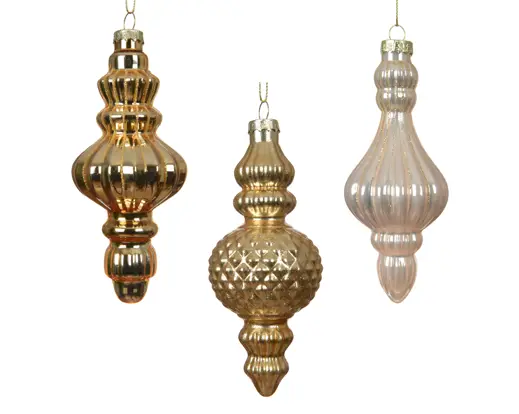 Decoris | Hangfiguur Glas Ornament Glitter  Goud/Ecru Ø5,8x13,2cm Assortiment
