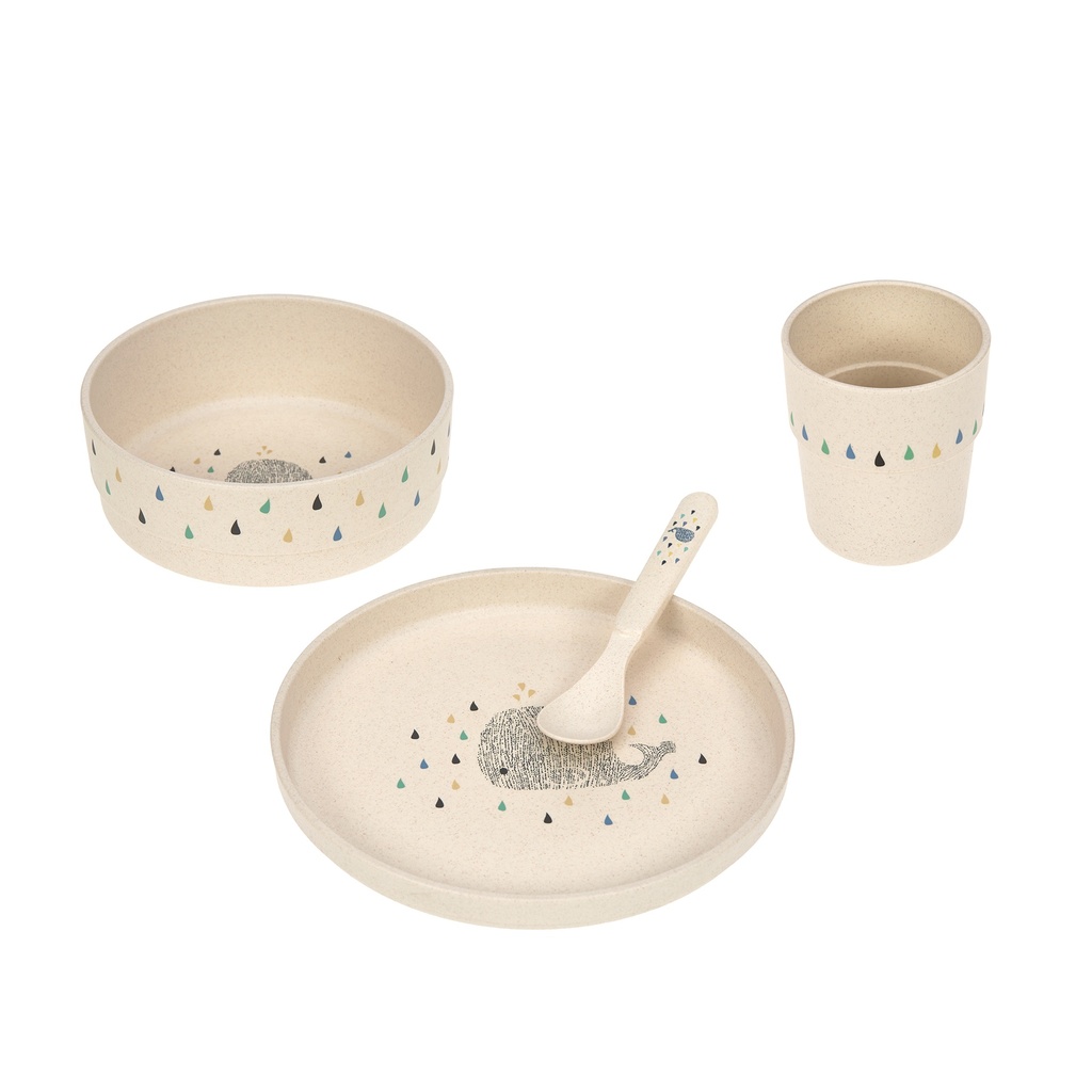 EETSET, Dish Set, Little Water whale, PP/Cellulose, 4 delig: plat bord, kom, lepel, drinkbeker