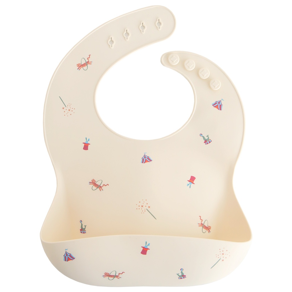 Mushie | Slabbetje met Kruimelvanger Circus Siliconen Off White