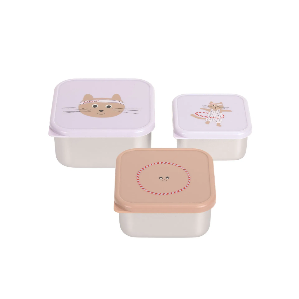 Laessig | Bewaarpotje Tiny Team Cat Snackbox Stainless Steel 3-pack