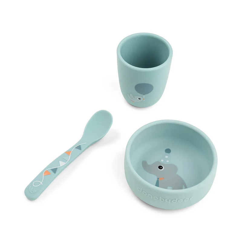 Done by Deer | Eetset Celebration Stick&Stay First Meal Blauw Siliconen 3-delig