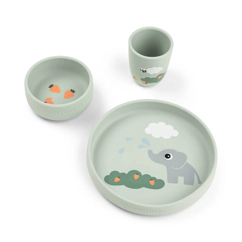 Done by Deer | Eetset Siliconen Stick&Stay Dinner set Elphee Green Groen 3-delig