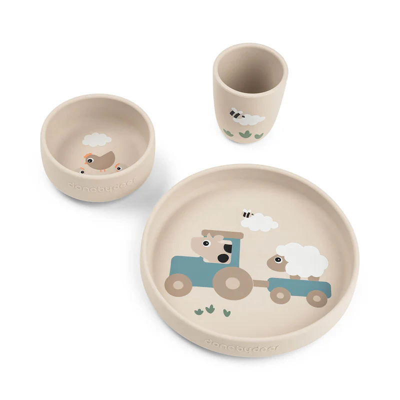 Done by Deer | Eetset Tiny Farm Stick&Stay Dinner Set Siliconen Ecru 3-delig