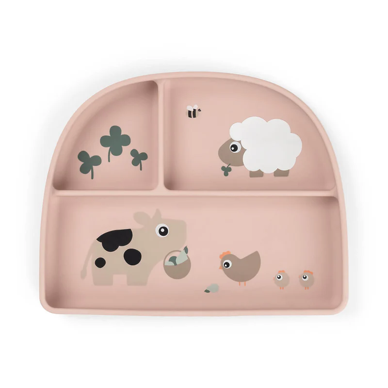 Done By Deer | Plat Bord Tiny Farm Powder met Vakverdeling Siliconen Stick&Stay Compartment Plate Roze