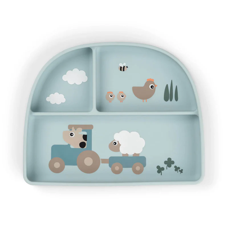 Done By Deer | Plat Bord Tiny Farm Blue met Vakverdeling Siliconen Stick&Stay Compartment Plate Blauw