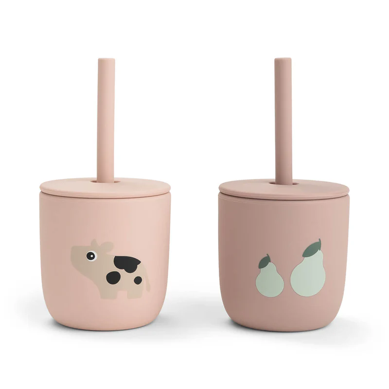 Done by Deer | Drinkbeker Tiny Farm Powder Siliconen Straw Cup Roze 2-pack 