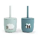 Done by Deer | Drinkbeker Tiny Farm Blue Siliconen Straw Cup Blauw 2-pack 