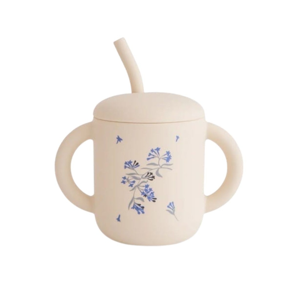Mushie | Drinkbeker Training Cup+Straw Silicone Lilac Flowers