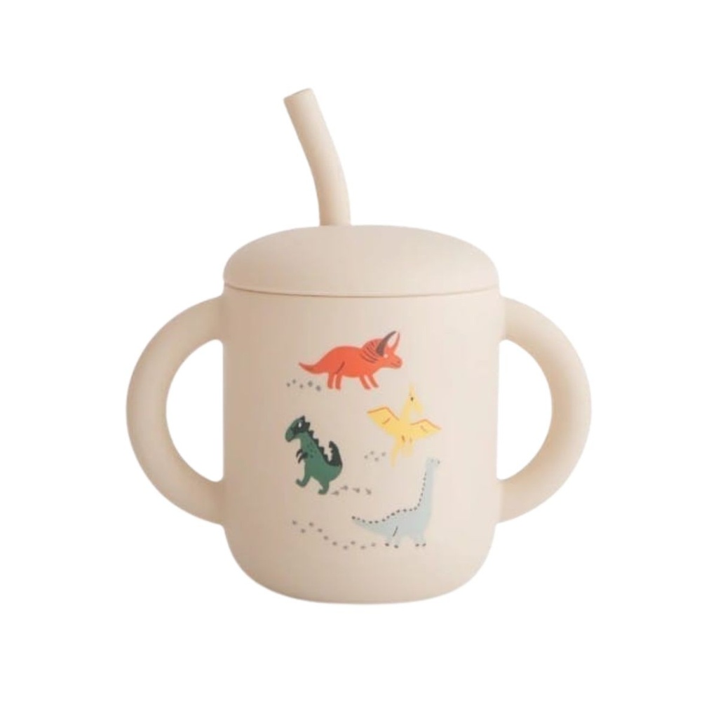 Mushie | Drinkbeker Dino Training Cup+Straw Silicone Ecru