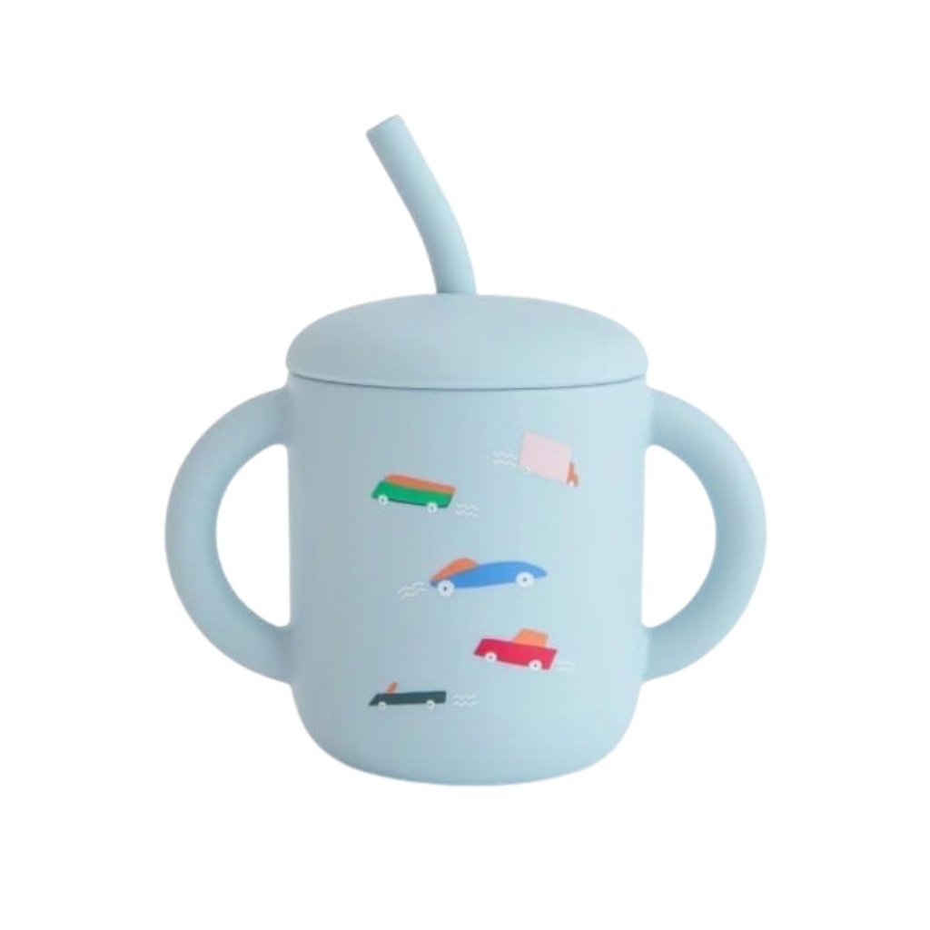 Mushie | Drinkbeker Retro Cars Training Cup+Straw Silicone Blauw 