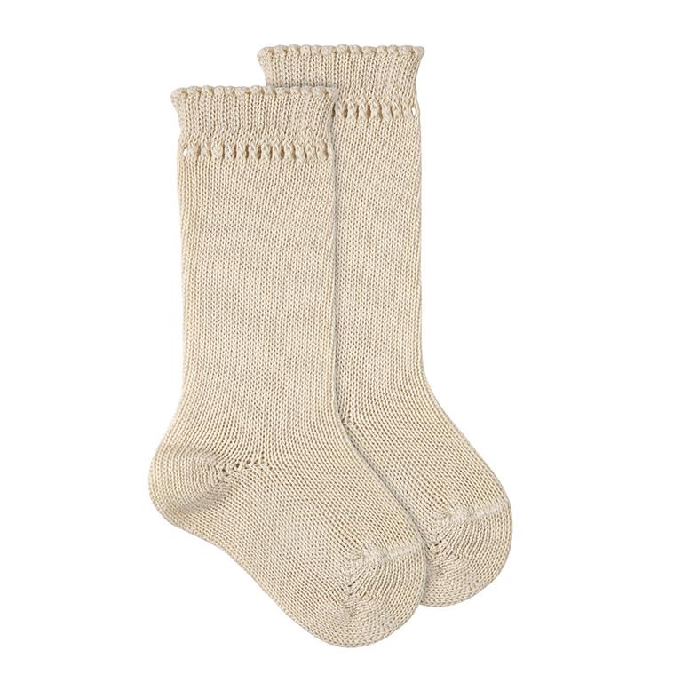 Condor | Kniekousen Perle Cotton Knee-High Socks Openwork Cuff Lino