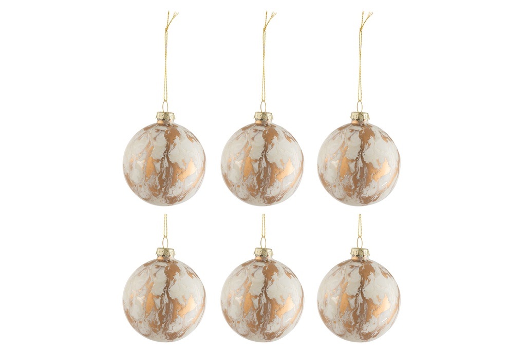 J-Line | Kerstbal Marmerlook Glas Wit/Goud Ø8,5x10 6-pack