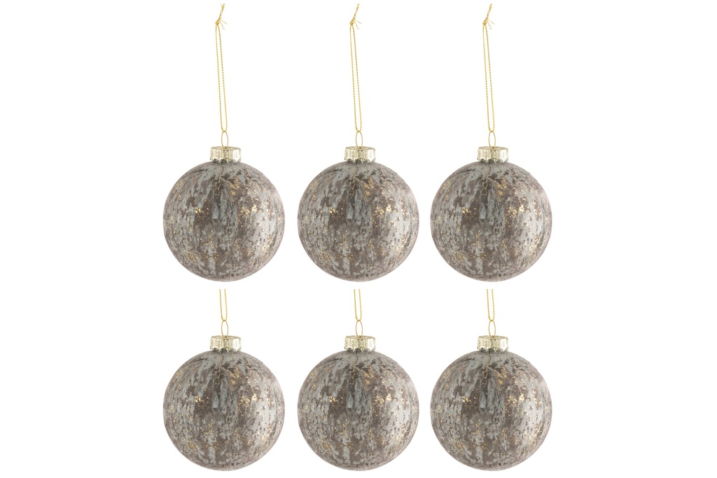 J-Line | Kerstbal Fluweel Glas Grijs/Goud Ø8cm 6-pack