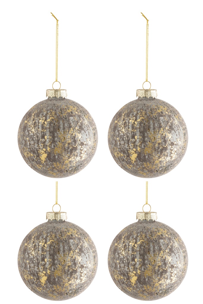 J-Line | Kerstbal Fluweel Glas Grijs/Goud Ø10cm 4-pack