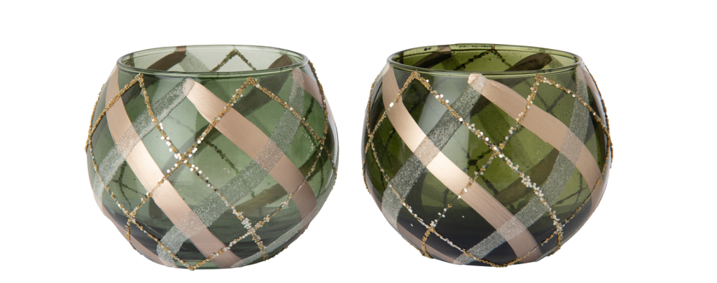 J-Line | Theelicht Geruit Glas Groen Goud Ø10x8cm