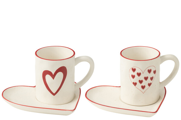 J-Line | Giftset Koffietas/Bord Hart Porseleni Wit/Rood Assortiment 2-delig 